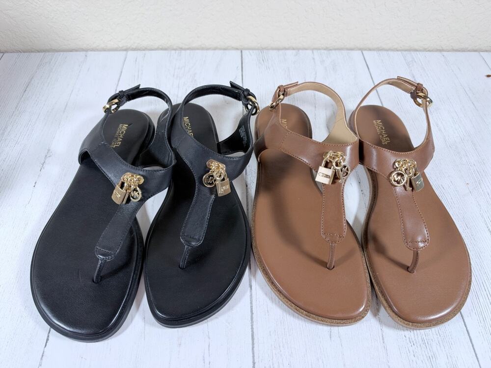 2 Pair Michael Kors Suki Lock Key Thong Sandals Sz 8 Brown New Black GUC